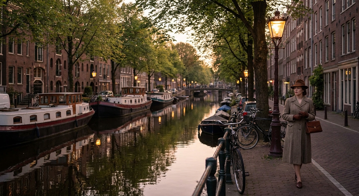 vipgfs-elegant-vintage-dressed-woman-strolling-quiet-amsterdam-west-canal-at-evening